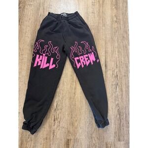 Kill Crew Black Pink Flame Graphic Sweatpants Joggers 2XS Streetwear Gym Cotton